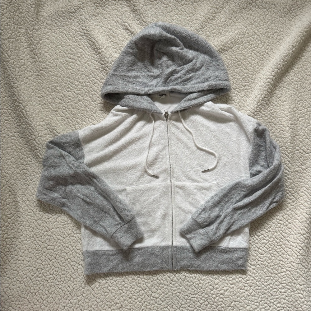 Gray and White cropped Zip-Up Hoodie